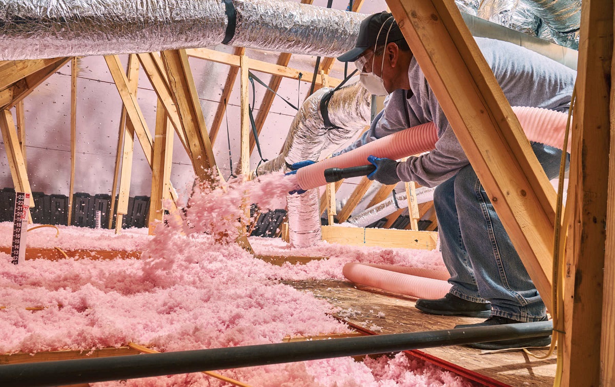 The primary component of most pink insulation is fiberglass. Fiberglass itself is made from beautiful fibers of glass
