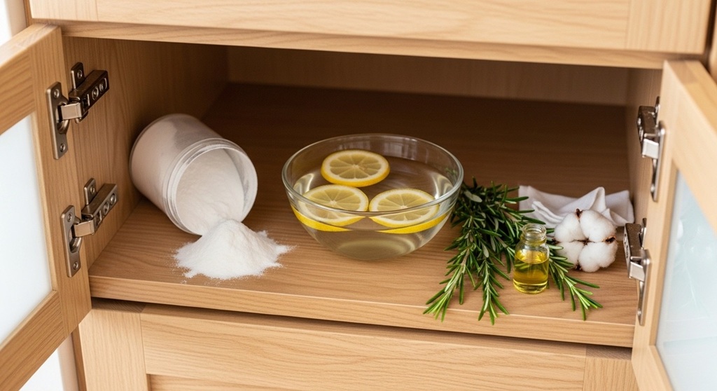 Close-up of baking soda used for absorbing odors in a kitchen cabinet.