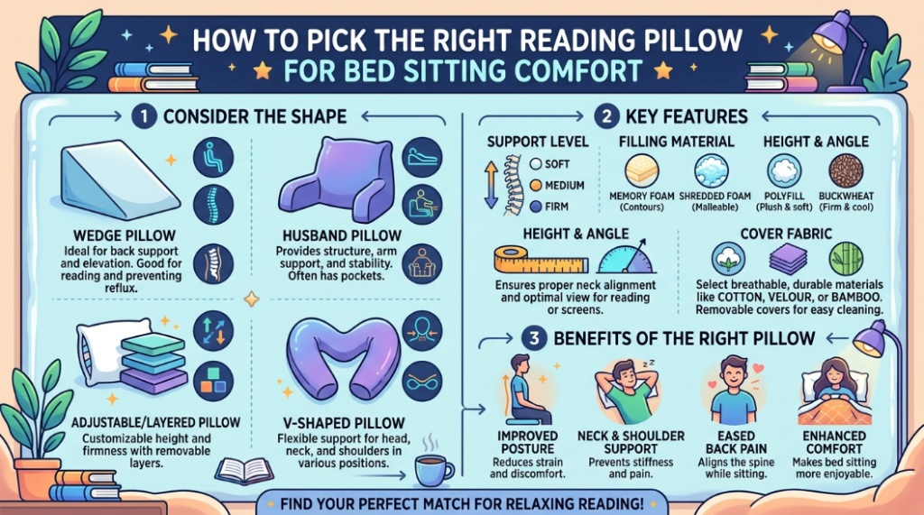 adult using reading pillow while sitting upright in bed